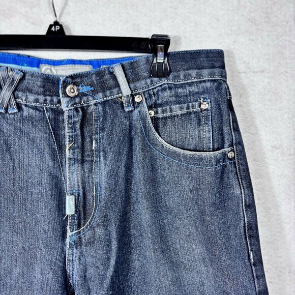 Log Mens Denim Jeans Blue 34 Hip Hop Y2K Embroidered Pockets Ramie Cotton - Picture 2 of 13